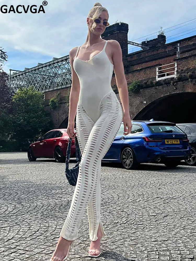 GACVGA Kintted Hollow Out Women Jumpsuits Sexy Slim Backless 2022 Summer Party Romper Lady Streetwear Bodycon Overalls
