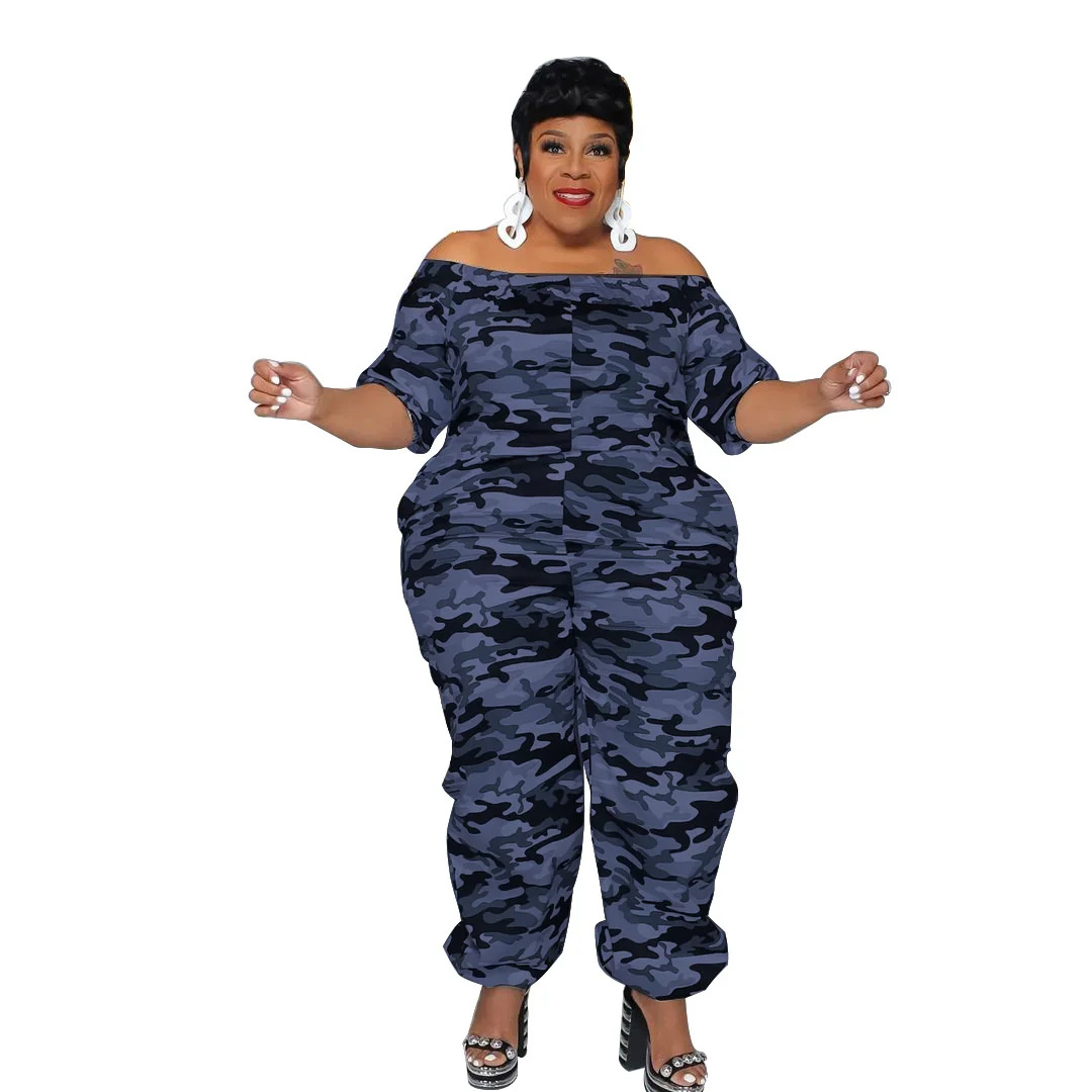 Plus Size 2023 Street Fashion New Camo Print Loose One Line Neck Short Sleeve Pocket High Waist Women's Casual Jumpsuit