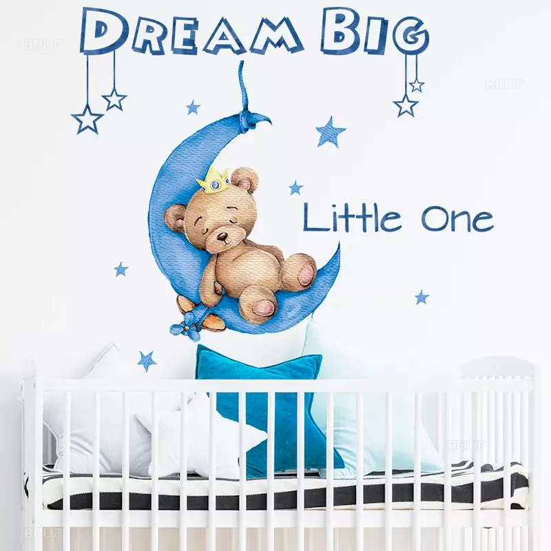 

Cute Boy Bear with Crown Sleeping on the Moon Wall Stickers for Kids Room BABY Boy Nursery Decorative Stickers Bedroom Decor