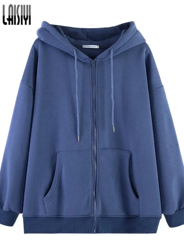 

Autumn Women Hoodies Harajuku Korean Winter Loose Oversized Sweatshirts Zipper Coats Vintage Solid Color Long Sleeve Hooded Top