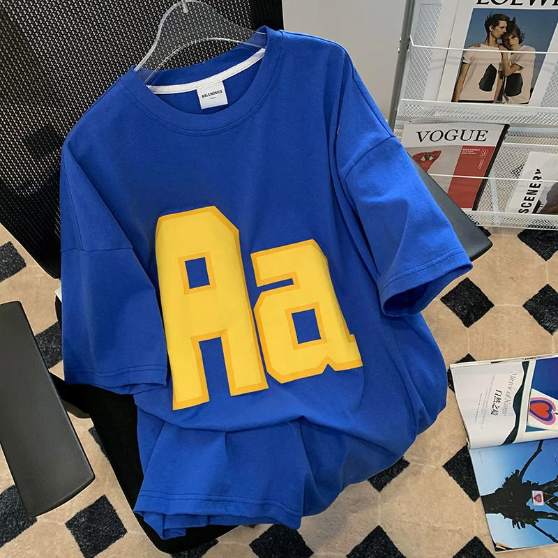 

Privathinker Personalized Letters Foam Printing Oversized Women T Shirts Contrast Color Brand Female Short Sleeve Blue Top Tees