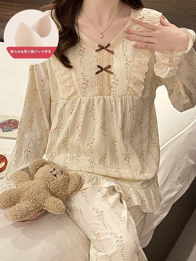 Женская пижама с нагрудником и длинными рукавами весенне-осенний хлопковый