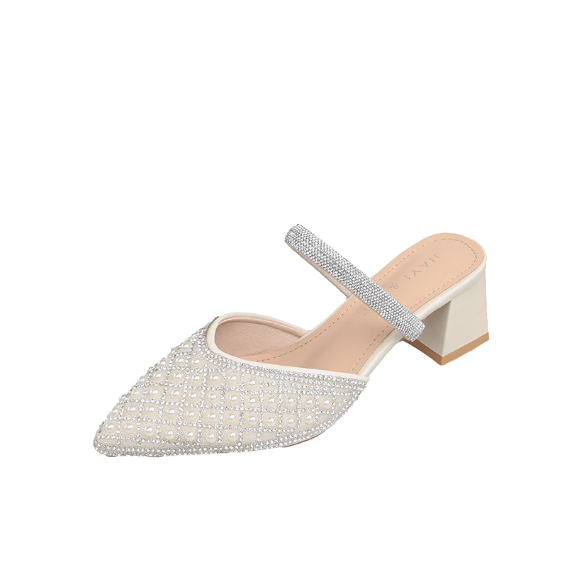 Woman Sparkly Pearl Pointed Toe Sandals Elegant Party Shoes Medium Heels Wedding Casual Chunky Heels Slippers Luxury Comfortable