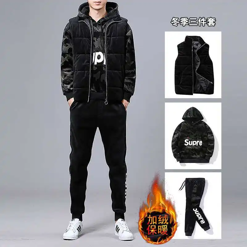 

Модель 2023 года, повседневные мужские спортивные серые и черные повседневные Костюмы, бархатные брюки с капюшоном, жилет, Модный зимний мужской костюм-тройка