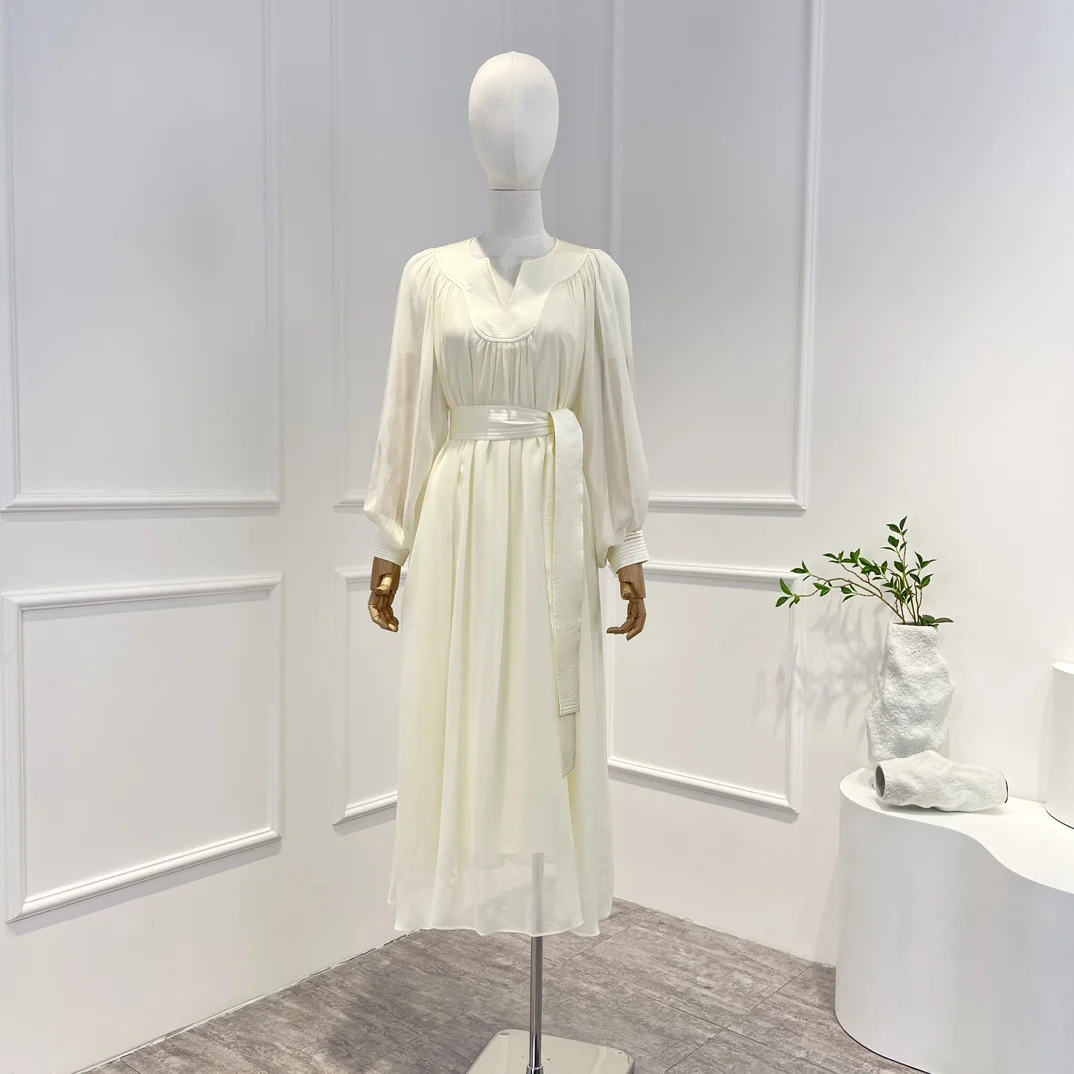 

Женское винтажное шелковое платье средней длины, элегантное однотонное бежевое платье с V-образным вырезом, длинным рукавом-фонариком и поя...