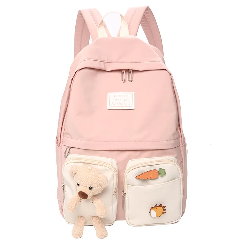 

2022 Junior high school student girl heart backpack nylon material bear jewelry blue/black
