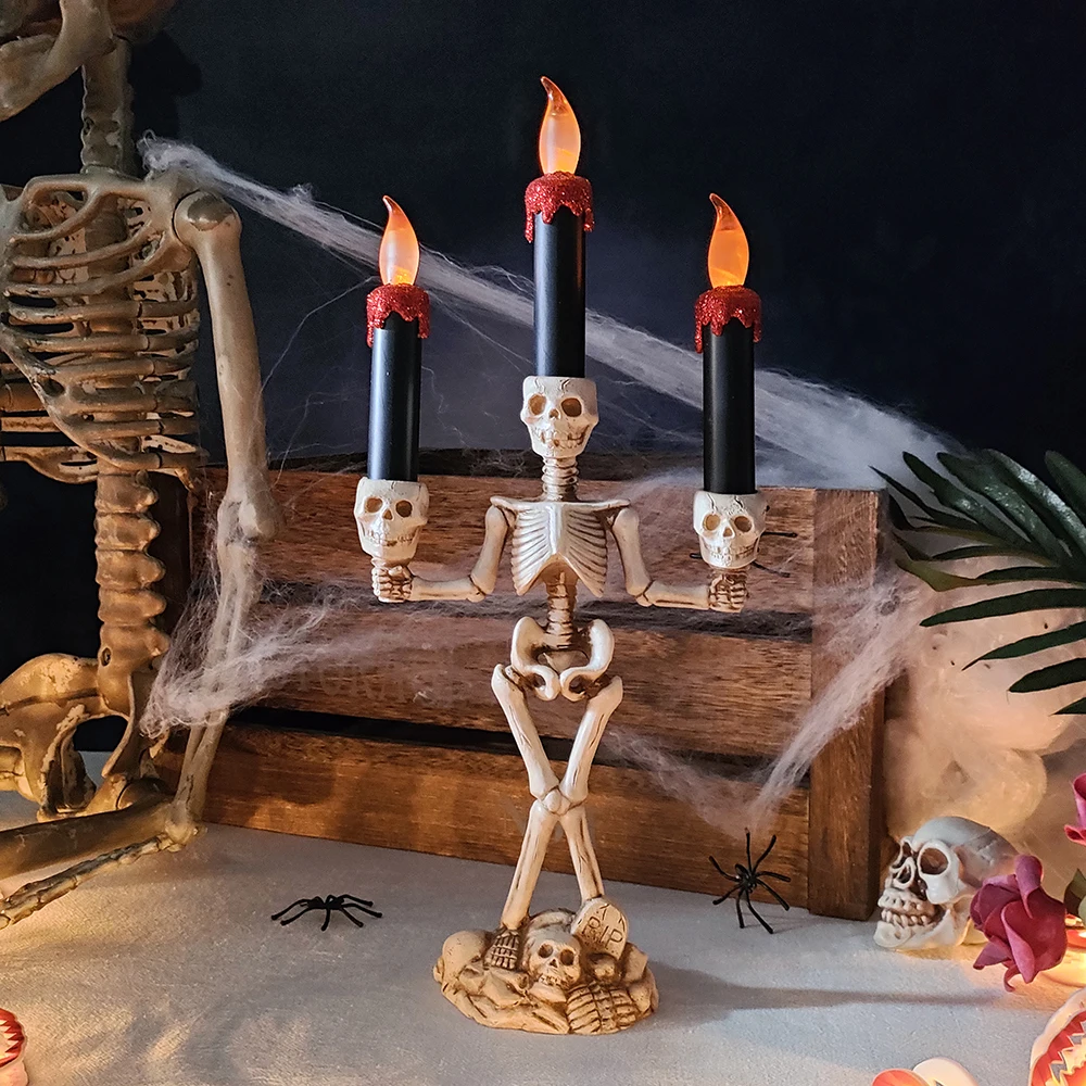 

1/2pc Halloween Skull LED Candlestick Battery Operated Flameless Skeleton Candle Lights Horror Props Halloween Party Decoration