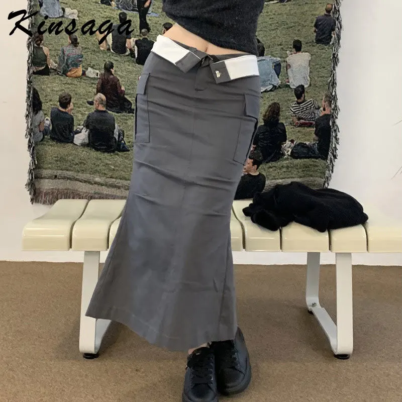 

Женская юбка-годе с карманами, длинная облегающая серая юбка с контрастными манжетами, модель Y2k в Корейском стиле