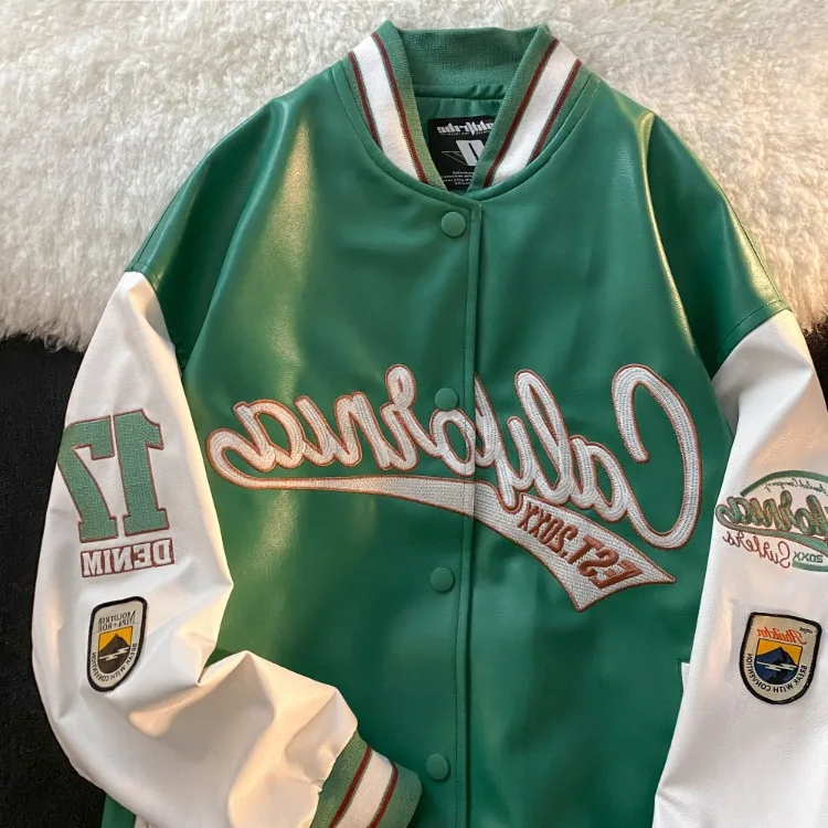 

Американские ретро кожаные куртки с вышивкой букв пальто женская новая уличная трендовая универсальная бейсбольная форма свободный топ для пар