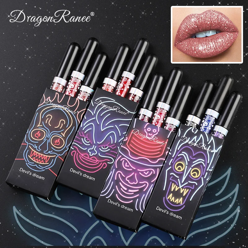 

Halloween Diamond Three Sets Lip Gloss Non-stick Cup Lipstick Shiny Purple Black Lip GlossSet LipstickMatte Makeup NovoLipstick