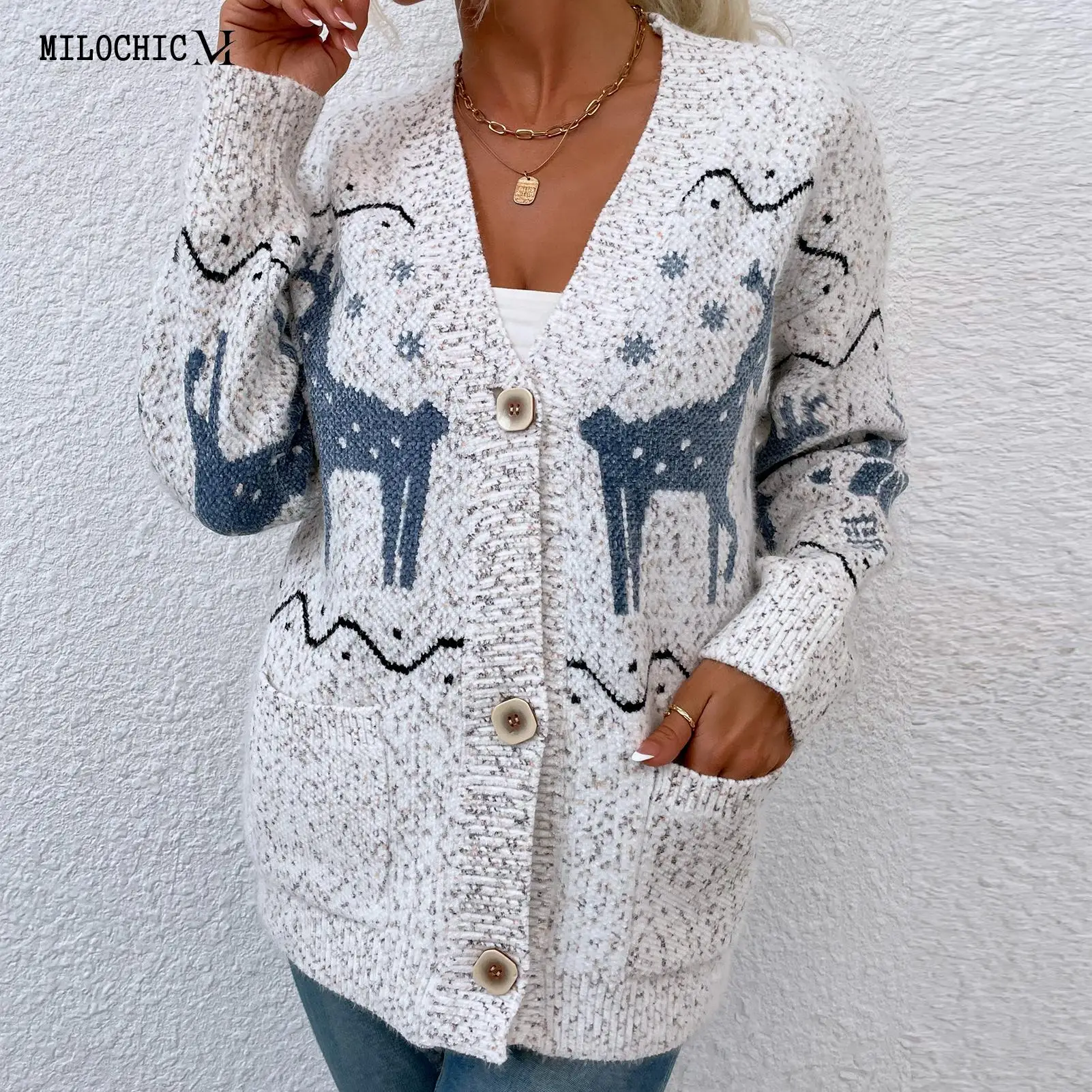

Fawn Printed Cardigan with Pocket Single Breasted Women Basic Sweaters Loose Fit Long Sleeve Christmas Style Casual Daily Outfit