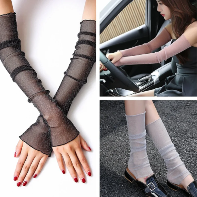 

New Long Lace Hollow-Out Fingerless Gloves Sun Protection Sleeves Mesh Lace Thin Cycling Gloves