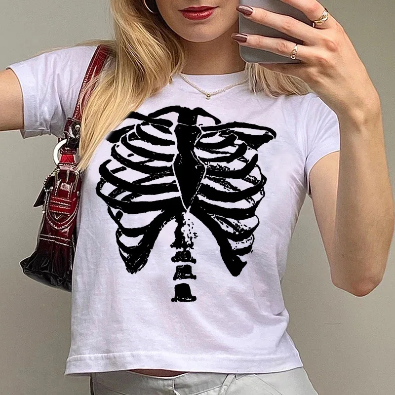 

Y2K Aesthetic Vintage Short Sleeve T-shirt Harajuku Print White Crop Top E-girl Gothic Grunge Mall Goth Pullovers Tees Women