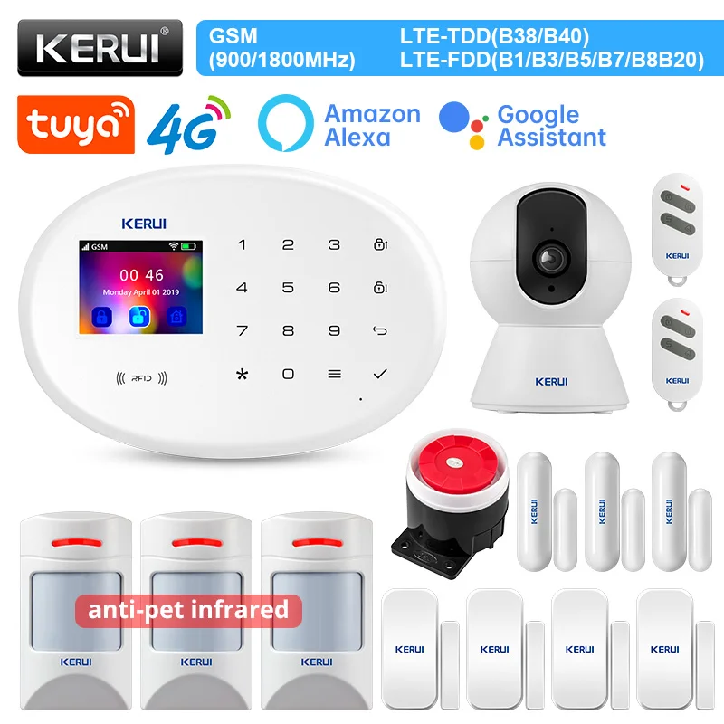 

Умная сигнализация KERUI Tuya, 4G, WIFI, GSM сигнализация для дома, поддержка Alexa, датчик движения, датчик двери, детектор, проводная сирена