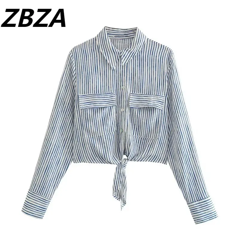 

ZBZA Women 2023 New Fashion Summer Striped Knot Adorn Blouses Vintage Long Sleeve Button-up Female Shirts Chic Tops