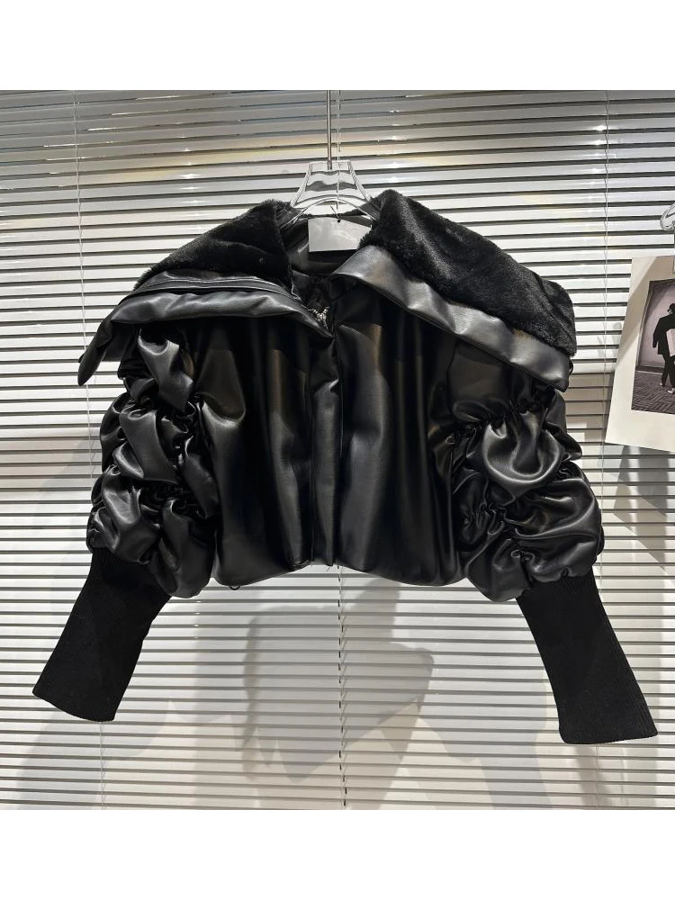 HIGH STREET 2022 New Designer Jacket Women's Cape Fur Collar Pleated Sleeve Plush PU Leather Jacket