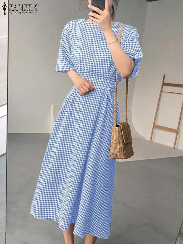 

ZANZEA Retro Checked Print Dresses Summer Holiday Sundress Half Sleeve Vintage Grid Robe Femme Work Vestidos Pleated kaftan