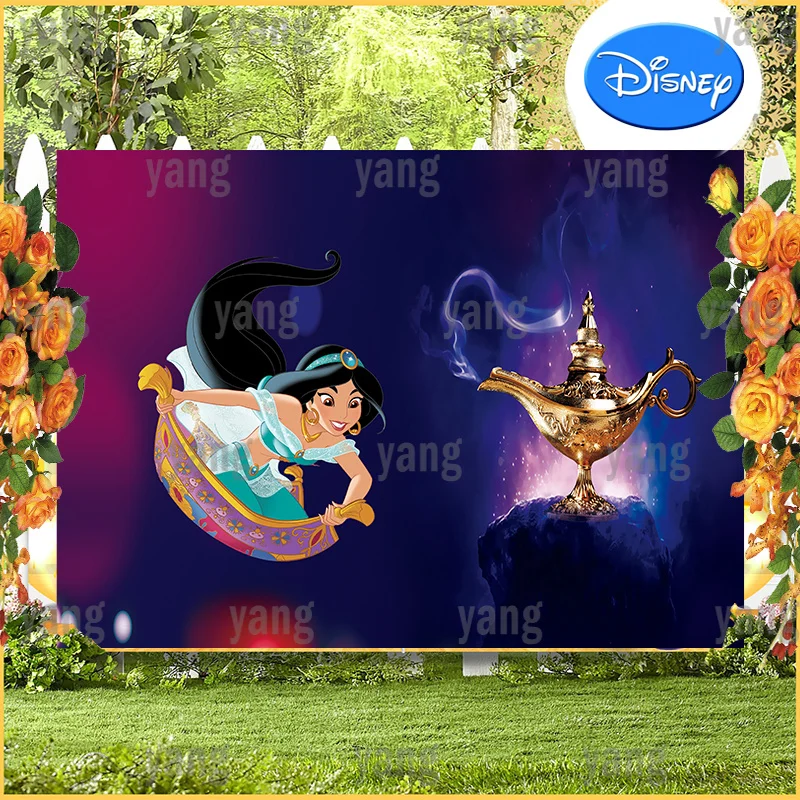 

Disney Cartoon Aladdin Princess Jasmine Magic Lamp Castle Colorful Birthday Party Decoration Backdrop Photography Background