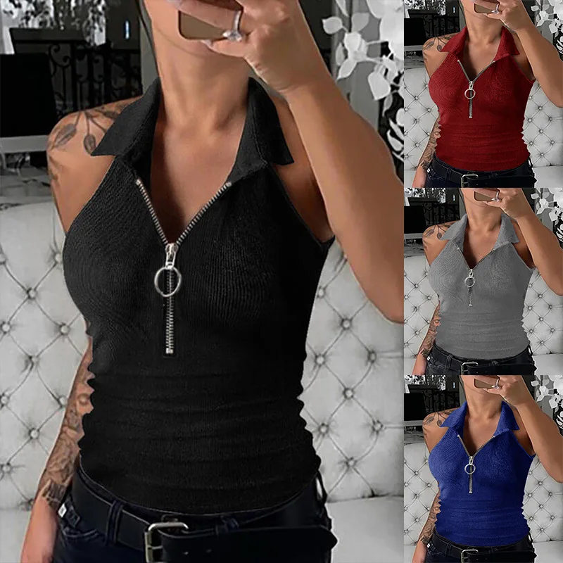 

2022 New Summer Pure Color Pit Strip Lapel Zipper Vest Women Fashion Casual T-Shirt Women Off The Shoulder Tank T Shirts