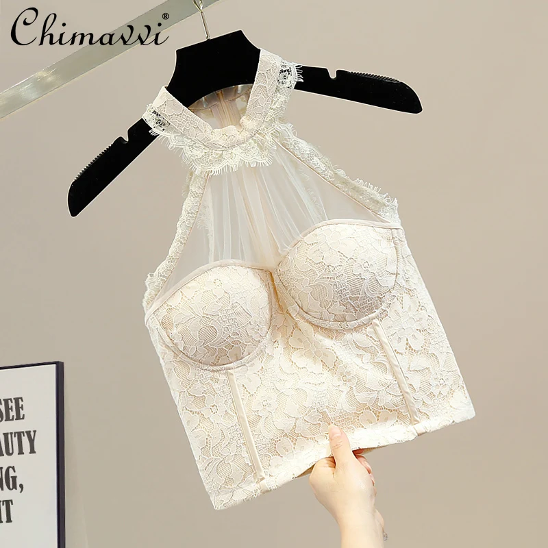 

Fashion Mesh Slim Fit Patchwork Short Sleeveless Halter Lace Vest for Women 2022 Summer New Elegant Versatile Camis Tops