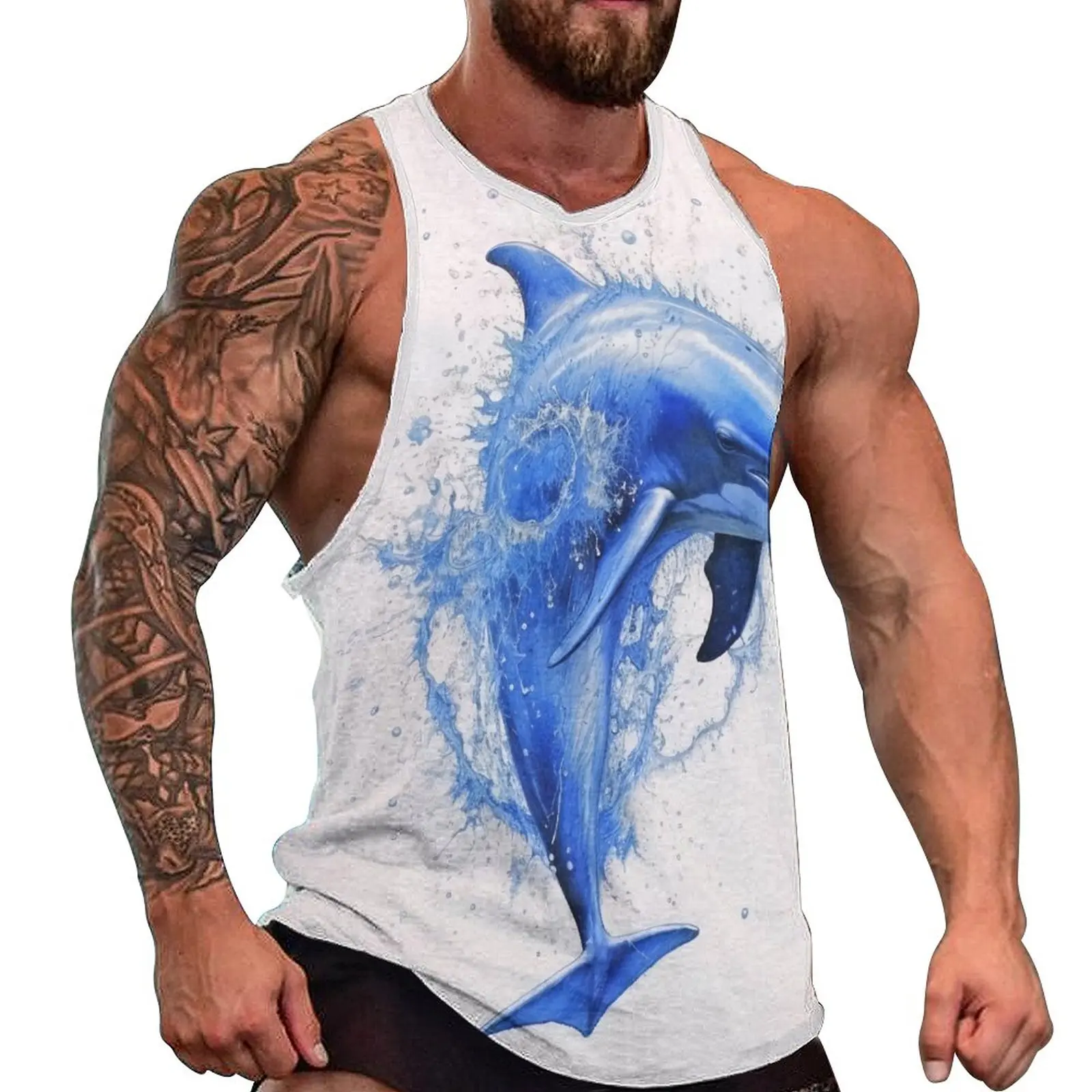 

Dolphin Tank Top Men Detailed Ink Drawing Sportswear Tops Beach Gym Design Sleeveless Shirts 3XL 4XL 5XL