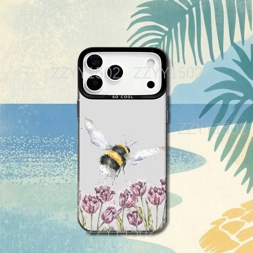 Фото Чехол для iPhone 17, 16, 15, 14, 13, 12, X, 8, Pro, Max, Plus, SE4, Air, Mini с матовым покрытием IMD, черный, с защитой от скольжения, с дизайном «Милые пчелы и мед» №4