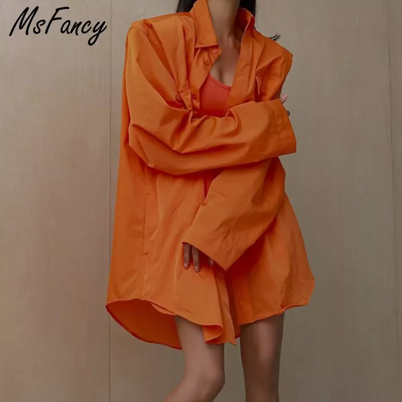 

Msfancy Orange Pockets Blouse Women 2022 Fashion Long Sleeve Plus Size Shirt Mujer Spring Lapel Casual Tops