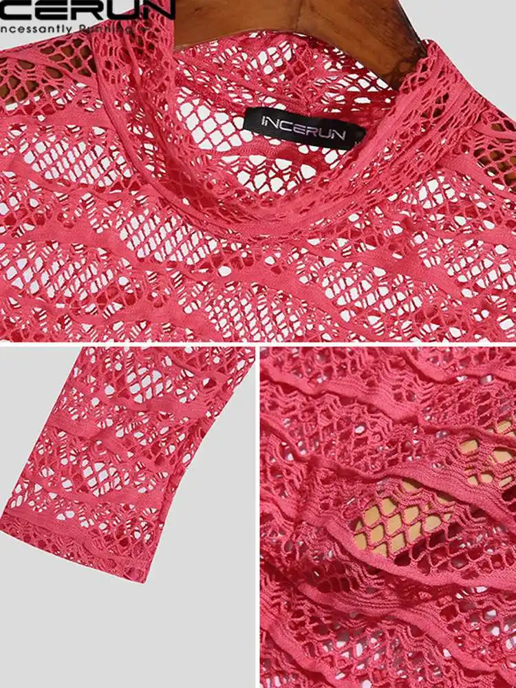 INCERUN Comfortable Homewear New Men's See-through Mesh Bodysuit Sexy Casual Style Male Cutout Waist Long Sleeve Jumpsuits S-5XL