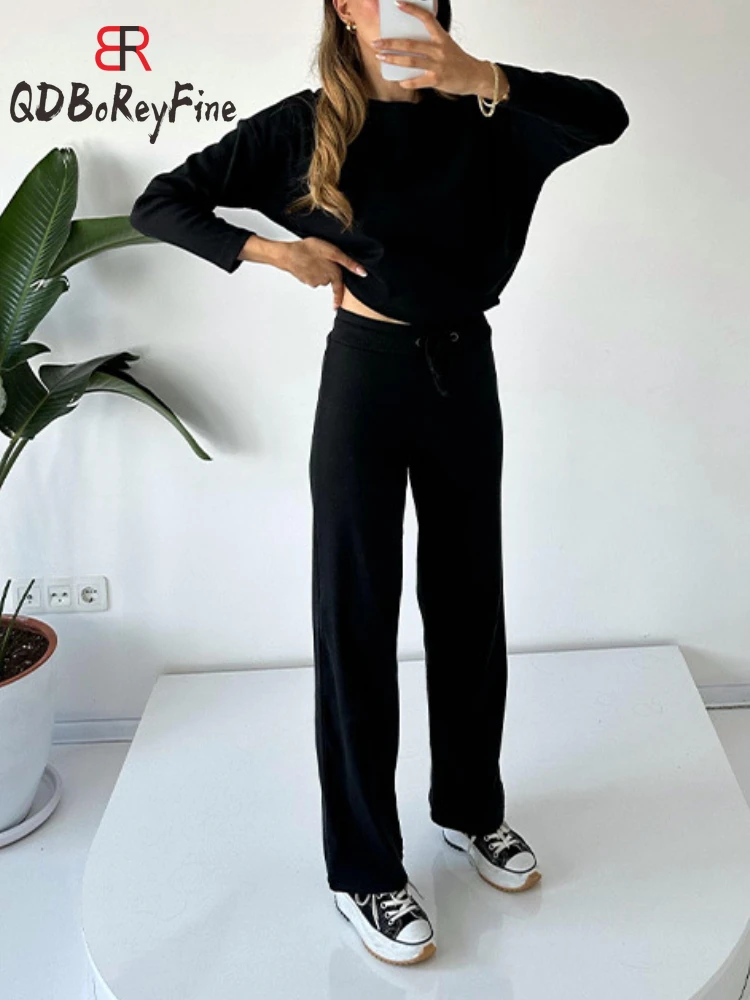 Весенний женский спортивный костюм топ в рубчик с длинным рукавом и брюки