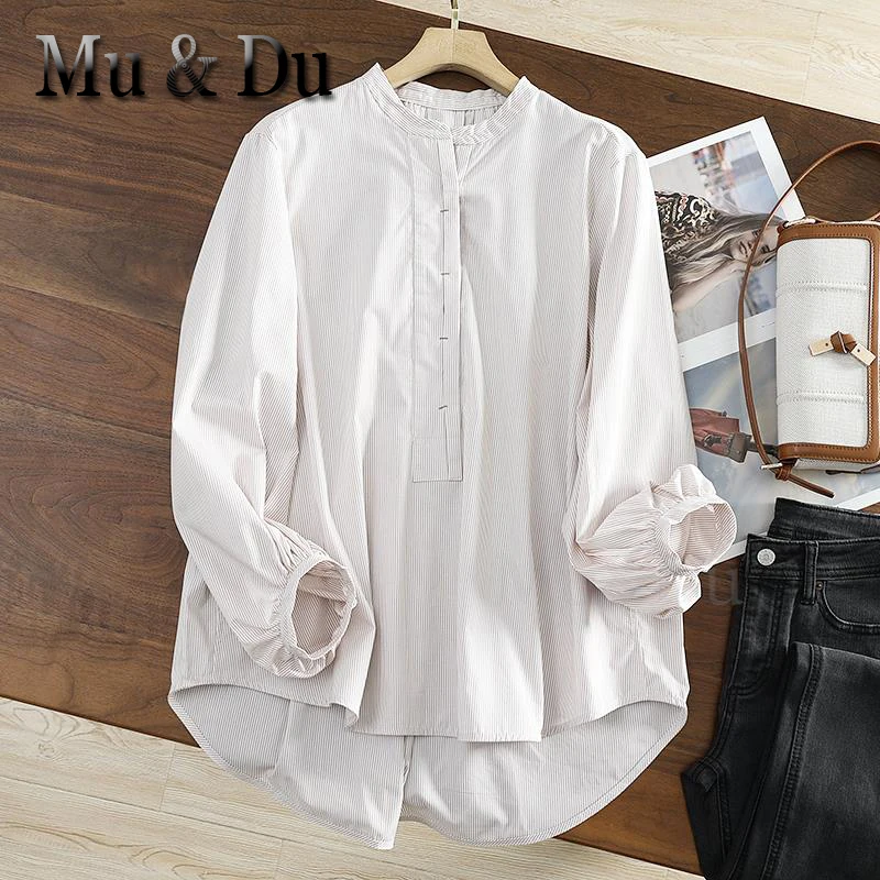 

Mu&Du 2023 Summer Women's Chic Striped O Neck Long Sleeved Shirt Female Oversized Poplin Pullover Blouse Loose Blusas Tops Mujer