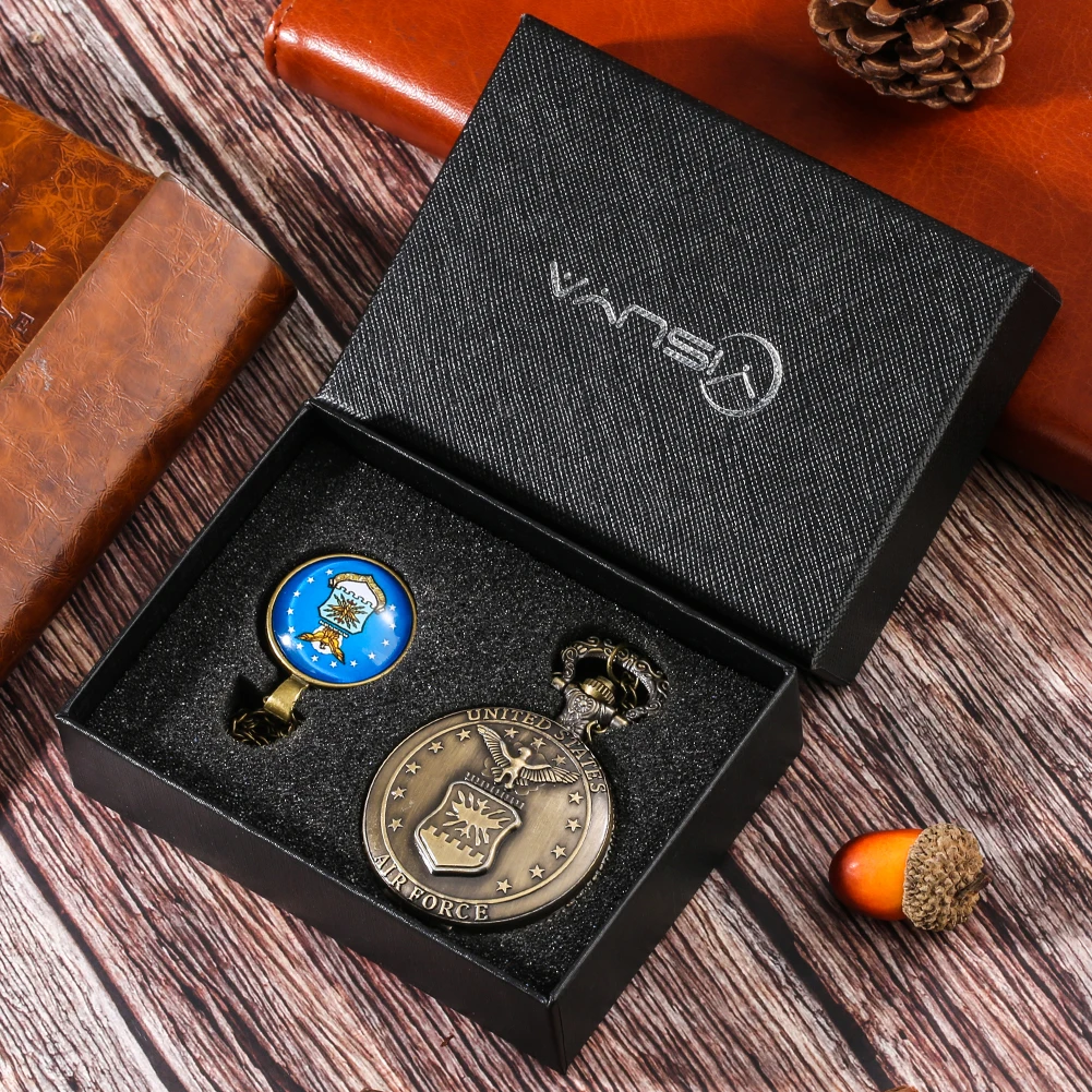 Bronze Quartz Pocket Watch Necklace Marine Corps Logo Souvenir Gift Set for Men Pocket Watch Red Pedent Chain Clock with Box
