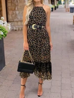 leopard print slip dress belt lace sleeveless dresses halter neck midi skirt fashion summer maxi dress women beach vestidos