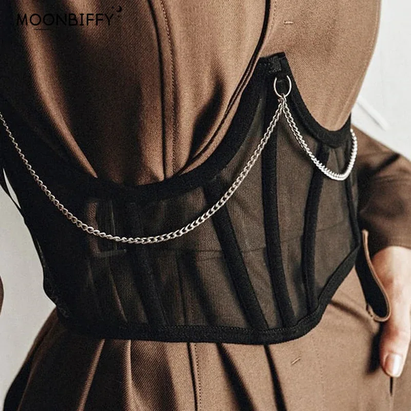 

Punk Metal Chain Black Corset Mall Goth High Waist Corsets Harajuku Vintage Mesh See Through Waist Shaper 2022 Cummerbunds