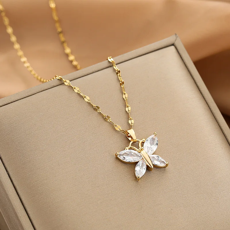 Gold Color Necklace for Women Zircon Jewelry Pendant Necklace Stainles Steel Mermaid Heart Butterfly Stainless Steel Sunflower images - 6