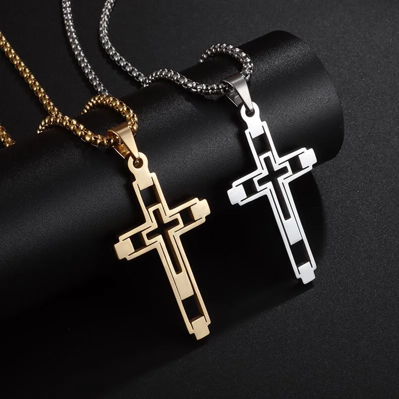 

Men's Large Cross Necklace Stainless Steel Hollow Hollow Double Cross Pendant Religious Prayer Church Jesus Amulet Collar
