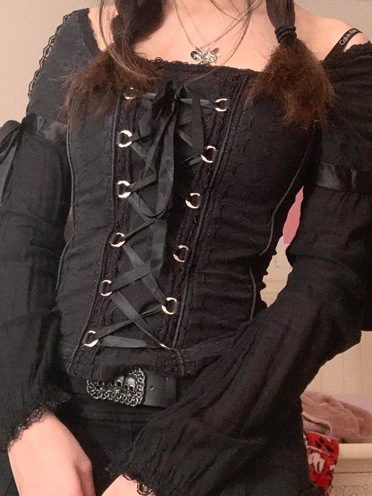 

Женские топы Kalevest Y2K Trashy, черные рубашки с длинным рукавом, эстетические топы на шнуровке, одежда 1920-х годов для женщин, кавайная тонкая фотография