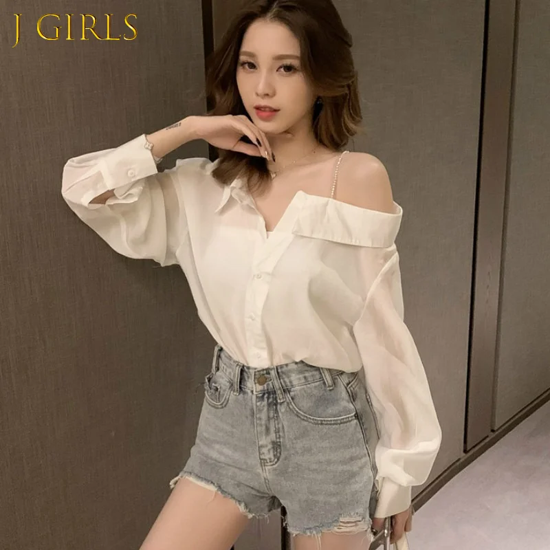 

J GIRLS Shirts Women Solid Skew Collar Off Shoulder Stylish Sexy Lady Elegant Chic Daily Hot Sale Long Sleeve Loose Blusas Top