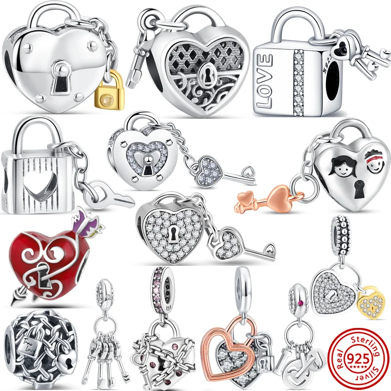 

New 925 Sterling Silver Padlock Lock Key Eternal Forever Love Heart Fine Beads Fit Pandora Charm Bracelet Original Women Jewelry