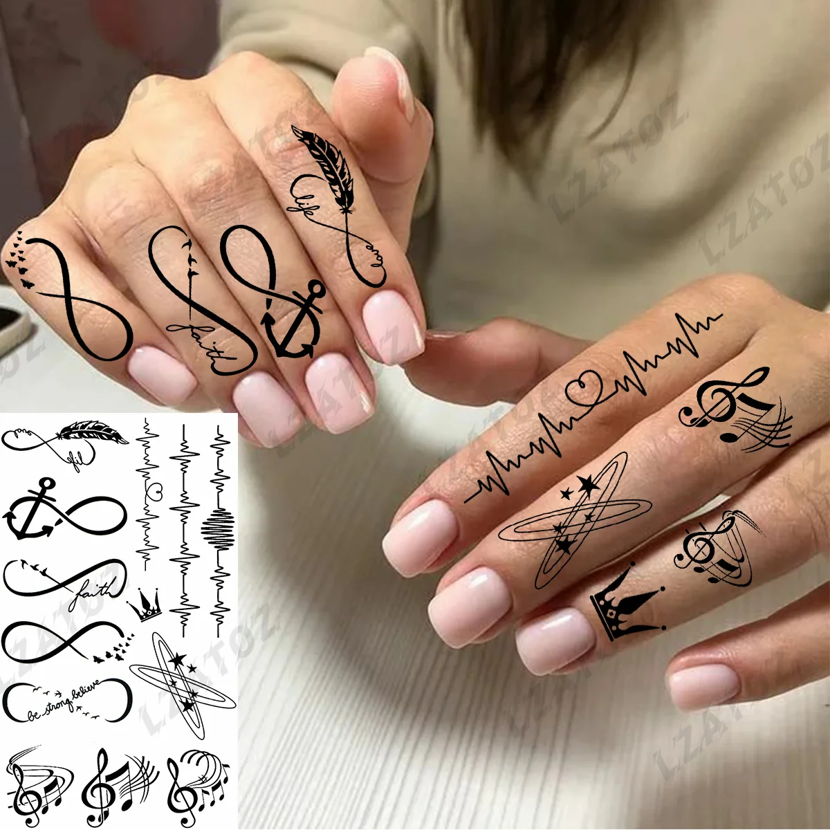 

Black Infinity Temporary Tattoos For Woman Adults Feather Bird Crown Tattoo Sticker DIY Trumpet Note Washable Tatoos