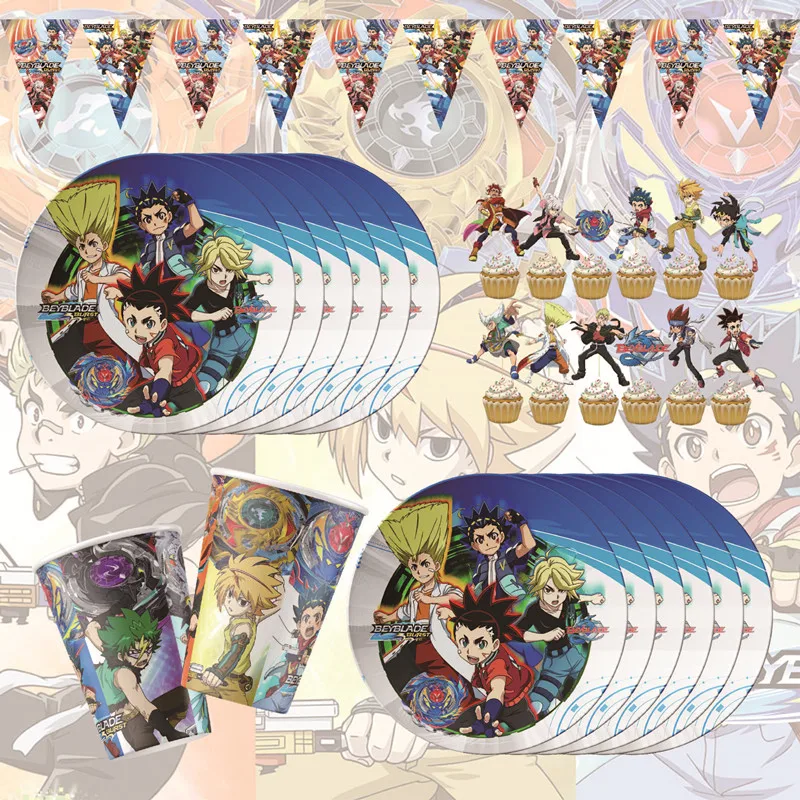 

Beyblade аксессуары для дня рождения, тарелки, чашки, соломинки, баннер, торт, Топпер, воздушные шары, Мультяшные украшения для детей