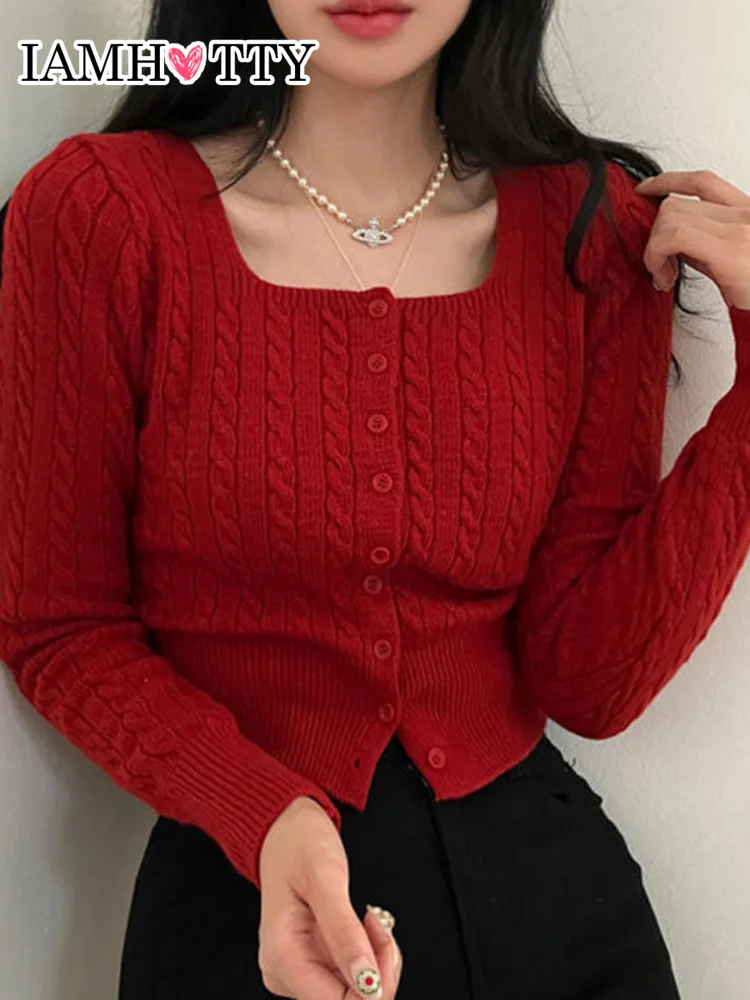 

IAMHOTTY милый базовый свитер на пуговицах кардиган красный розовый фестиваль Повседневная корейская мода трикотажная куртка с квадратным вор...