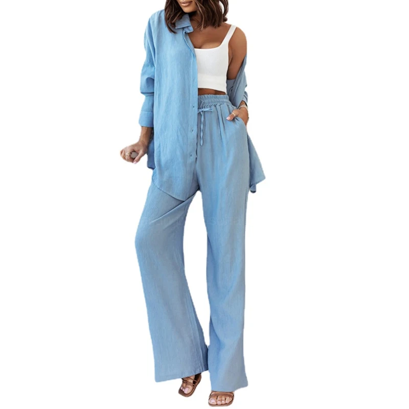

Casual Long Sleeve Shirt Wide Leg Long Pants Two 2 Piece Sets Womens Outfits 2023 Elastic Wrinkle Loose Pleated Clothing 26739