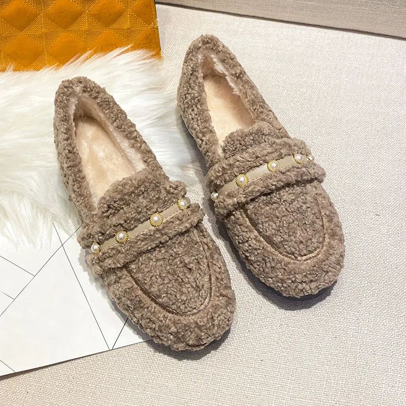 Winter Pearls Lambswool Cotton Shoes Women Home Loafers Warm Curly Sheep Fur Flats Office Lady Mocasines Mujer