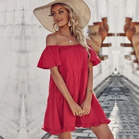 womens off shoulder strapless ruffle mini swing dress summer short sleeve red loose backless party holiday dresses casual dress