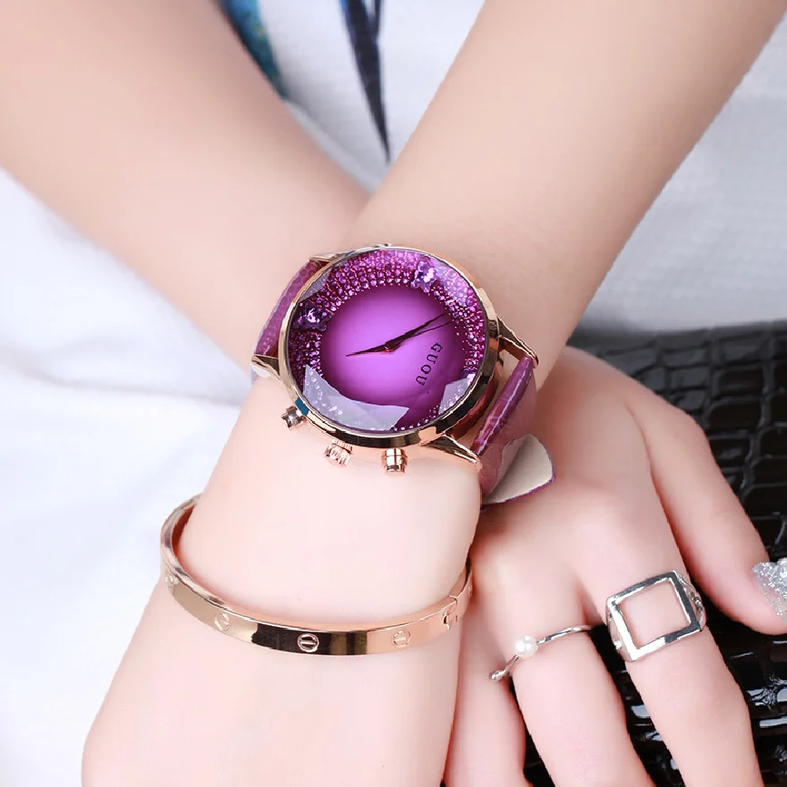 

2018 Fashion Top Guou Brand Woman's Genuine Leather Casual Luxury Full Rhinestone Big Dial Gift Clock Lady Casual Quartz Watches