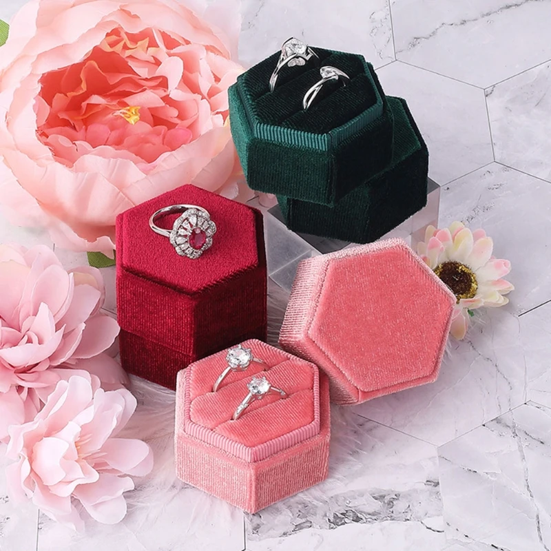 

Hexagon Premium Gorgeous Vintage Double Ring Gift Box with Detachable Lid for Proposal Engagement Wedding Ceremony