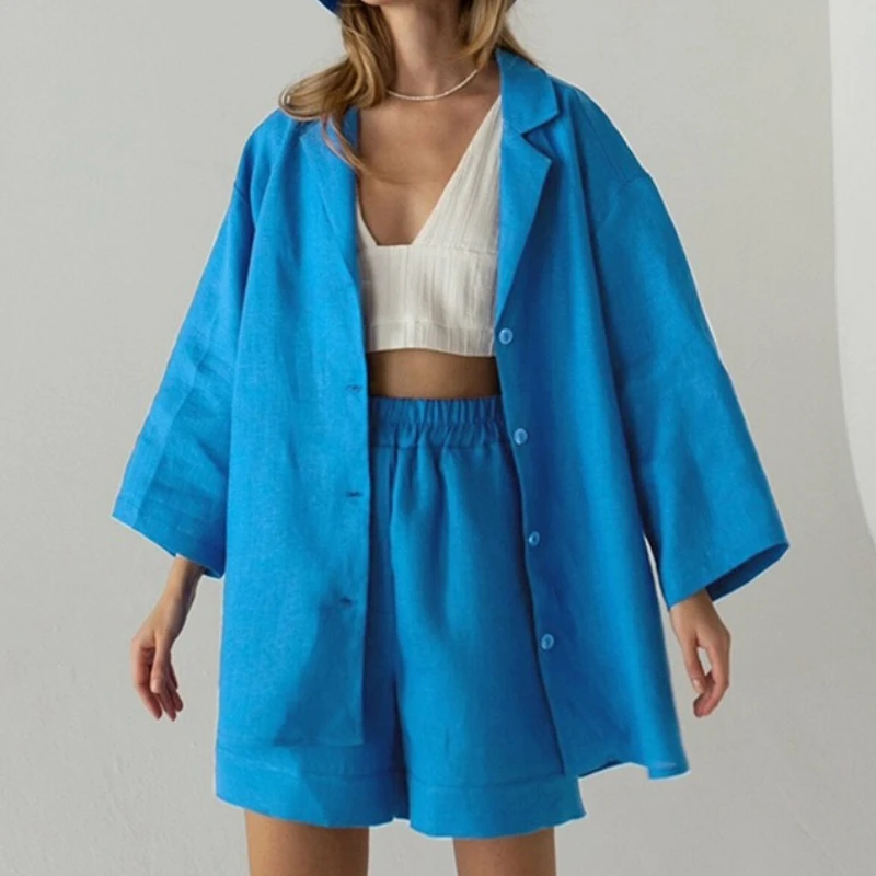 

Linen Shorts Set Woman 2 Pieces Summer Elastic Waist Shorts Suit Cotton Outfits Women Long Sleeve Sunscreen Clothes Loose Top
