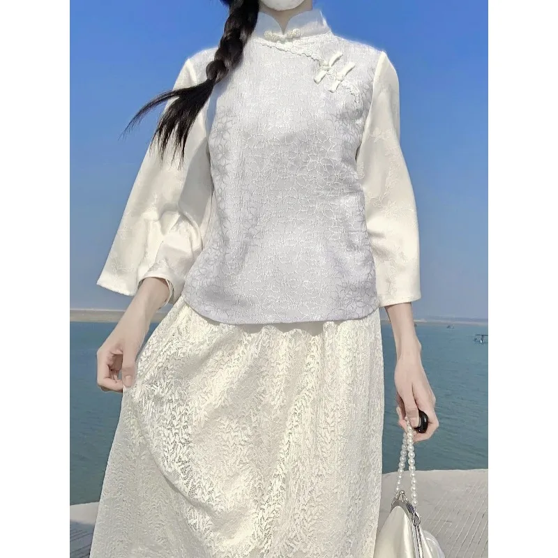 Осенний китайский стиль синий топ с вышивкой и большим рукавом белая кружевная