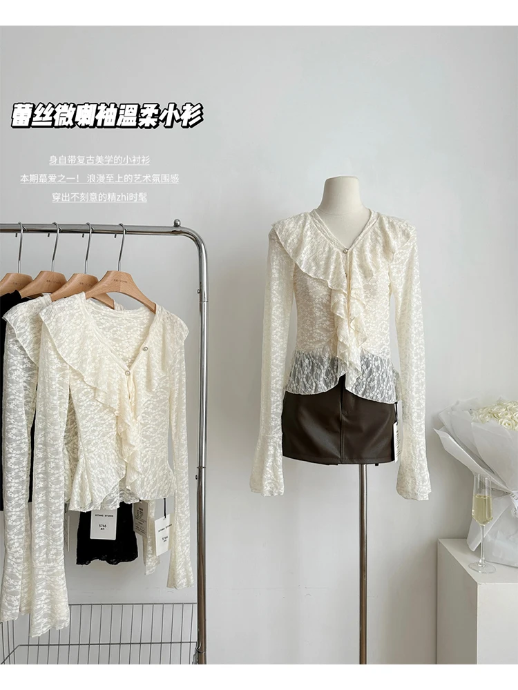 

Women's Apricot Lace Shirts and Blouse 90s Y2k Vintage Korean Harajuku 2000s Elegant Fashion Long Sleeve Shirt Top Clothes 2023