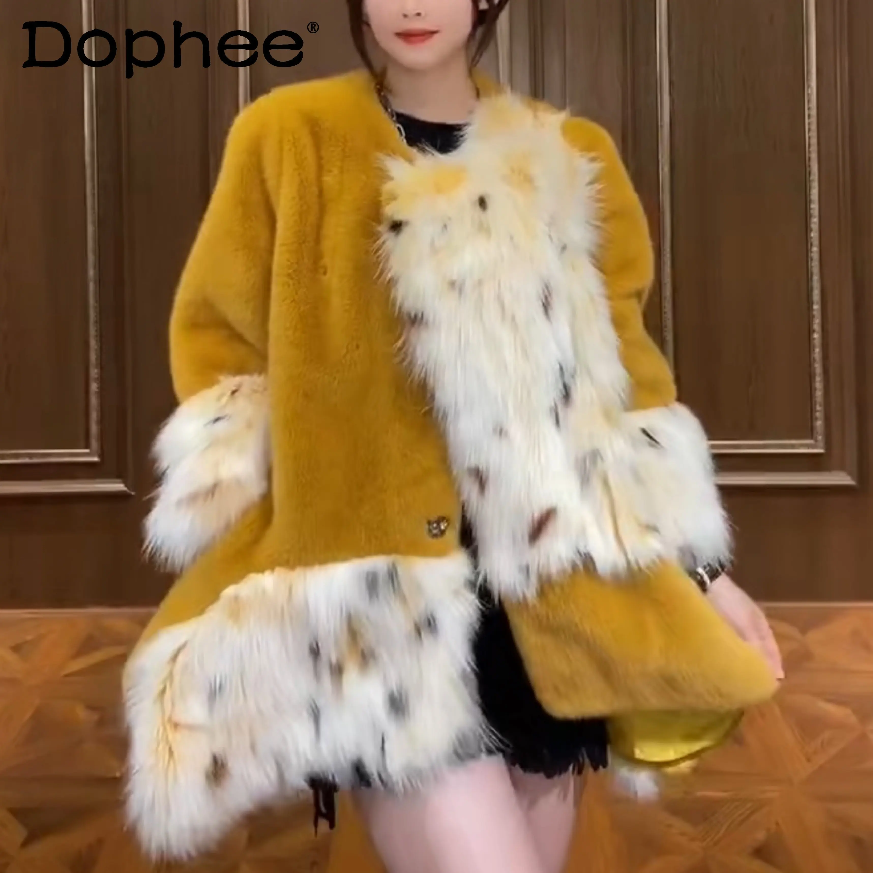 

High-End Fox Fur Stitching Faux Fur Coat Women Crew Neck Long-Sleeved Thick Warm Toka Wool Jacket Trendy 2022 New Winter Clothes